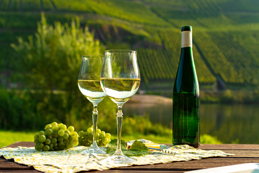 Bottle of German Riesling white wine, showcasing its elegant label and distinctive shape.