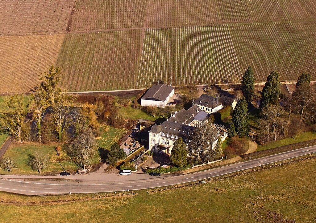 Aerial view of the new Scharzhof estate, foreground, and the old Scharzhof, background, near Wiltinger Scharzhofberg vineyard.